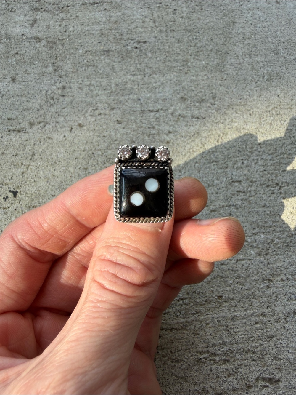 New Onyx, mother of Pearl, CZ, & 925 Sterling Silver #2 Dice Ring - Adjustable